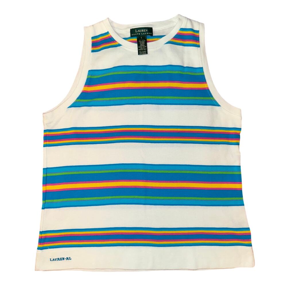 Lauren Ralph Lauren Striped Cotton Tank Top White Multicolor Women's Large Y2K - Picture 4 of 14
